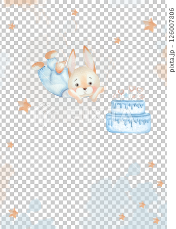 Watercolor birthday card template. Cute bunny in blue overalls lying down and looking at a big delicious cake. Decor made of gold stars 126007806