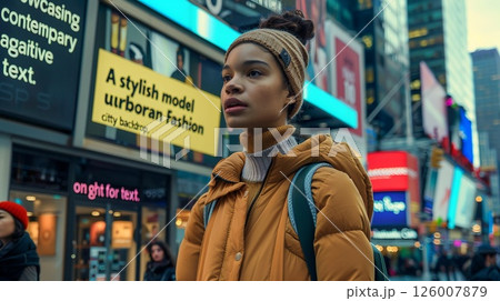 A model in urban fashion against a busy cityscape, with space for text 126007879