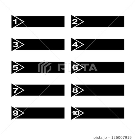 Numbered Black Arrow Labels Set from 1 to 10 Vector Illustration. A set of ten black rectangular labels, each with a white number from 1 to 10 inside a triangular arrow. Numbered Black Arrow Labels Set from 1 to 10 Vector Illustration. A set of ten black rectangular labels, each with a white number from 1 to 10 inside a triangular arrow. 126007919