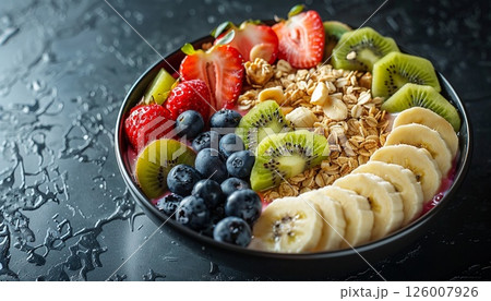 A vibrant breakfast scene with granola and fresh fruits, perfect for text placement 126007926