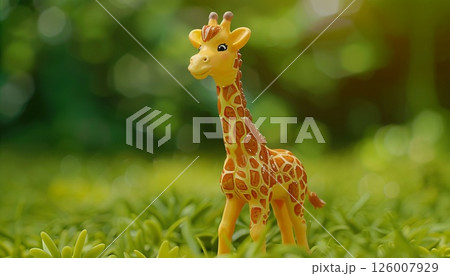A plastic giraffe toy for kids, set against a green background A plastic giraffe toy for kids, set against a green background 126007929