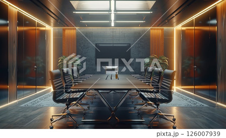 A high-level meeting setup with stylish furniture in a conference room A high-level meeting setup with stylish furniture in a conference room 126007939