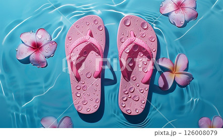 Image of flip flops floating on azure water, travel concept 126008079