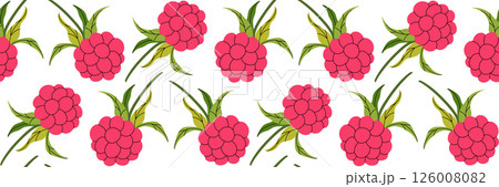 Pink raspberry seamless pattern on white background. Spring garden background. Summer berry menu, cold drinks. Perfect for textile, menu, packaging, kitchen design. Flat vector illustration. Pink raspberry seamless pattern on white background. Spring garden background. Summer berry menu, cold drinks. Perfect for textile, menu, packaging, kitchen design. Flat vector illustration. 126008082