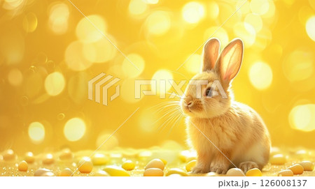 Bright gold-yellow background with a lively rabbit for an Easter wish Bright gold-yellow background with a lively rabbit for an Easter wish 126008137