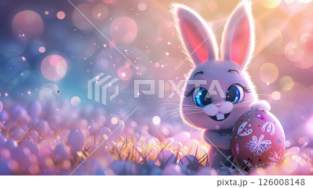 Bright cartoon bunny with large eyes in pastel hues, clutching a fancy Easter egg Bright cartoon bunny with large eyes in pastel hues, clutching a fancy Easter egg 126008148