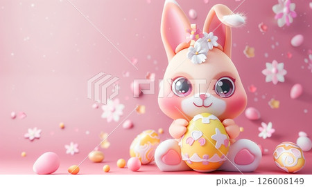 Happy bunny in soft colors and big eyes, cradling a decorated Easter egg Happy bunny in soft colors and big eyes, cradling a decorated Easter egg 126008149