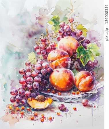 An artistic composition of peaches and grapes rendered in subtle watercolor washes 126008332