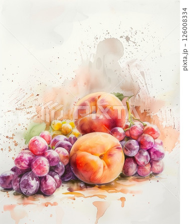 A gentle watercolor painting of peaches and grapes with pastel strokes in an artistic arrangement A gentle watercolor painting of peaches and grapes with pastel strokes in an artistic arrangement 126008334