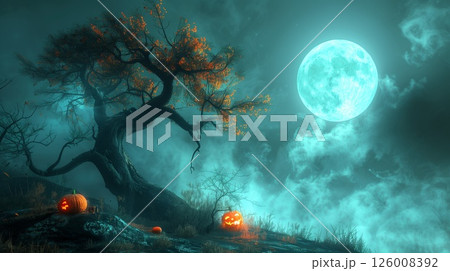 A chilling Halloween setting with gnarled tree shadows, a luminous full moon, and fog-shrouded orange pumpkins 126008392