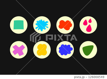 Set of Vector highlight covers. Abstract various shapes, geometric forms, circles, simple objects, doodles. Cartoon style. Hand drawn templates. Round icons for social media stories. For bloggers. 126008549