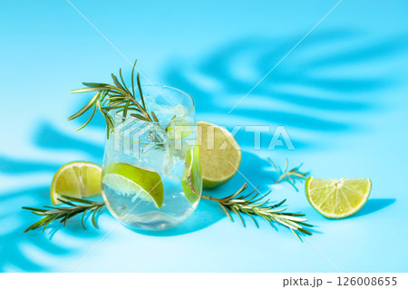 Summer refreshing drink with ice, lime and rosemary. Summer refreshing drink with ice, lime and rosemary. 126008655