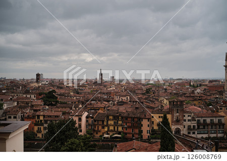 Stunning panoramic view of Verona, Italy, showcasing the city's historic skyline, ancient architecture. 126008769