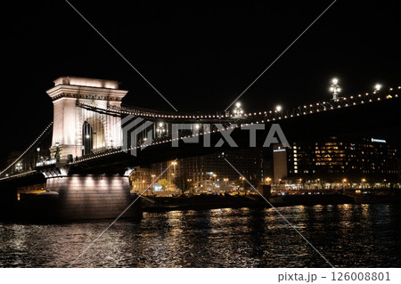 Night view of the bridge over the Danube in Budapest. Horizontal photo 126008801