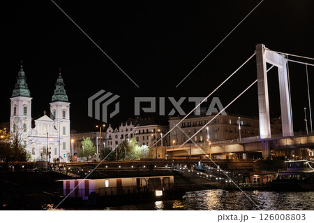 Budapest - April 17, 2025 Night view of the bridge over the Danube in Budapest. Horizontal photo Night view of the bridge over the Danube in Budapest. Horizontal photo 126008803