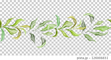 Bright green floral seamless border with twig and leaves. Hand-drawn watercolor bordure with template - banner with botanical arrangement Perfect for seasonal decor, greenery themes, wedding, Bright green floral seamless border with twig and leaves. Hand-drawn watercolor bordure with template - banner with botanical arrangement Perfect for seasonal decor, greenery themes, wedding, 126008831