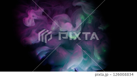 Cloud ink. Shimmering mist. Shiny smoke explosion blending color pigment on black background. Purple blue abstract glitter magic flow. Cloud ink. Shimmering mist. Shiny smoke explosion blending color pigment on black background. Purple blue abstract glitter magic flow. 126008834