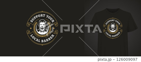 Support Local Barber: Retro Design with Beard Portrait 126009097