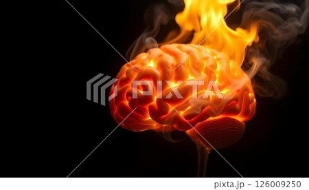 Smoking and Burning Realistic Brain on Fire Symbolizing Stress, Anger and Burnout 126009250