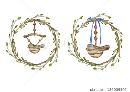 Wreaths of young branches with green buds and leaves, with wooden pendants in the form of birds with wooden beads, a blue bow. All objects are hand-painted with watercolors. For postcards, printing. 126009305