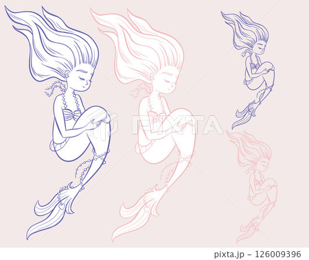 Whimsical cute fairy tale undersea little mermaid in vector with and without outline, children's symbol, logo. Hand drawn illustration pink and blue colors. Sea siren for Kids, element or apparel 126009396