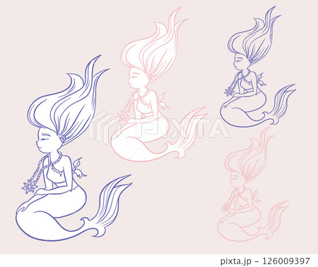 Whimsical cute fairy tale undersea little mermaid in vector with and without outline, children's symbol, logo. Hand drawn illustration pink and blue colors. Sea siren for Kids, element or apparel 126009397