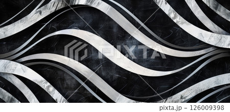 Futuristic Abstract Illustration with Intersecting Wavy Lines in Monochrome on Black Background 126009398