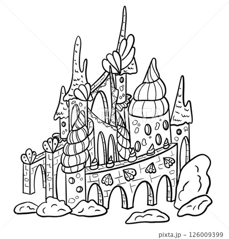 Vector illustration of children's coloring pages sea animals. Cute sea fairy tale underwater castle of mermaids, cartoon sea. Simple funny kid's drawing. Black lines, sketch on a white background. 126009399