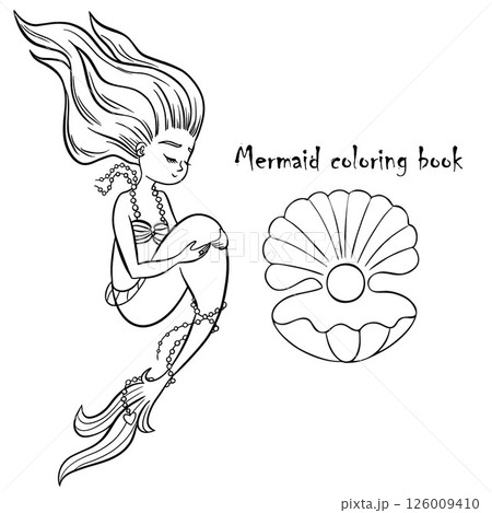 Black and white coloring for kids, little mermaid. Coloring page outline of cartoon. Vector illustration, coloring book for kids.Princess doodle. Children's coloring book Black and white coloring for kids, little mermaid. Coloring page outline of cartoon. Vector illustration, coloring book for kids.Princess doodle. Children's coloring book 126009410