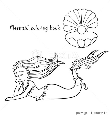 Black and white coloring for kids, little mermaid. Coloring page outline of cartoon. Vector illustration, coloring book for kids.Princess doodle. Children's coloring book Black and white coloring for kids, little mermaid. Coloring page outline of cartoon. Vector illustration, coloring book for kids.Princess doodle. Children's coloring book 126009412