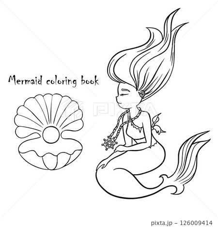 Black and white coloring for kids, little mermaid. Coloring page outline of cartoon. Vector illustration, coloring book for kids.Princess doodle. Children's coloring book Black and white coloring for kids, little mermaid. Coloring page outline of cartoon. Vector illustration, coloring book for kids.Princess doodle. Children's coloring book 126009414