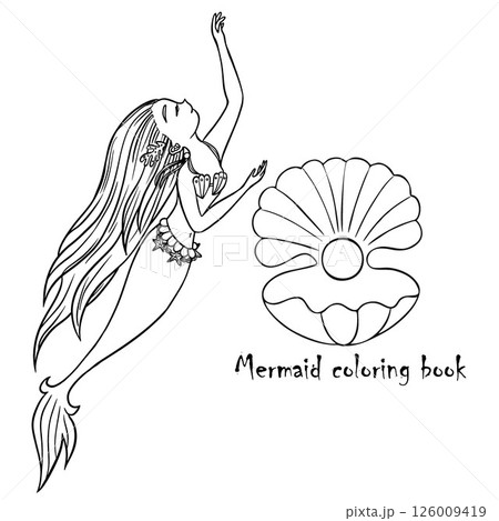 Black and white coloring for kids, little mermaid. Coloring page outline of cartoon. Vector illustration, coloring book for kids.Princess doodle. Children's coloring book Black and white coloring for kids, little mermaid. Coloring page outline of cartoon. Vector illustration, coloring book for kids.Princess doodle. Children's coloring book 126009419