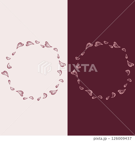 Two frames, sakura wreaths, cherry blossoms with flying petals in vector for design of postcards, stickers, posters. Pink and cherry wreath. Two frames, sakura wreaths, cherry blossoms with flying petals in vector for design of postcards, stickers, posters. Pink and cherry wreath. 126009437