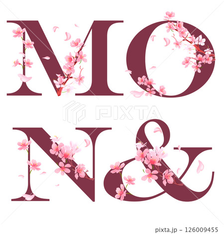 Cherry blossom flower alphabet with pink petals and sakura flowers for printing, cards, posters 126009455
