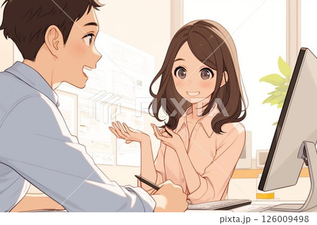 両手での身振りを交え話すビジネスウーマン_イラスト1 126009498