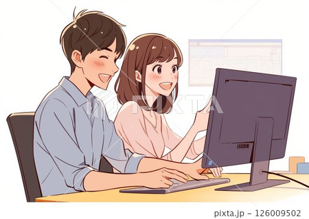 笑顔で画面を指さすビジネスウーマン_イラスト2 笑顔で画面を指さすビジネスウーマン_イラスト2 126009502