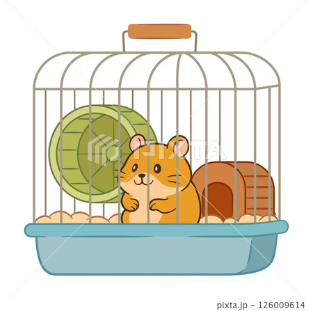 Cute cartoon hamster in cage. Hand drawn Flat style 126009614