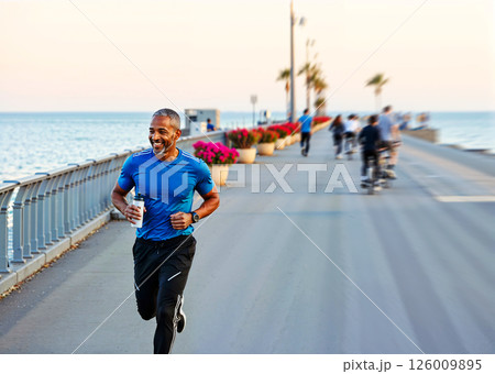 An Energetic Runner Enjoys the Vibrant Sunset While Jogging on the Coastal Boardwalk 126009895