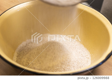 Close up shot of the sifted coarse rye flour Close up shot of the sifted coarse rye flour 126009988