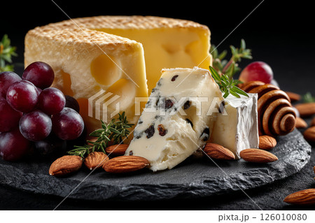Brie cheese with grapes, nuts on slate platter 126010080