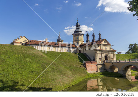 Nesvizh, Belarus - 08.08.2024 - Shot of the well know architectural landmark , Radzwill castle. Nesvizh, Belarus - 08.08.2024 - Shot of the well know architectural landmark , Radzwill castle. 126010219
