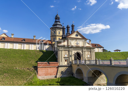 Nesvizh, Belarus - 08.08.2024 - Shot of the well know architectural landmark , Radzwill castle. Nesvizh, Belarus - 08.08.2024 - Shot of the well know architectural landmark , Radzwill castle. 126010220
