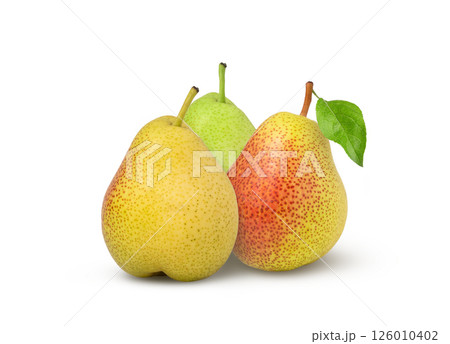 Pear with leaf isolated on white background. Green, yellow and red pear fruits. Pear with leaf isolated on white background. Green, yellow and red pear fruits. 126010402