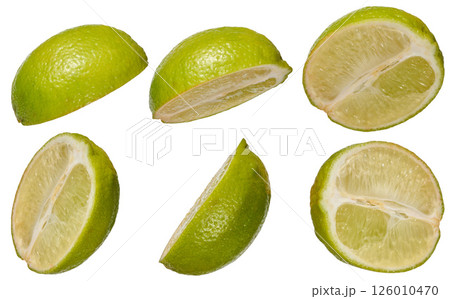 Various slices of ripe lime on isolated background Various slices of ripe lime on isolated background 126010470