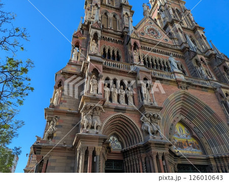 View of Church of the Sacred Heart of Jesus Capuchin Church in Cordoba, Argentina. Sculptures. Main entrance 126010643