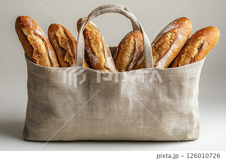 Reusable shopping bag made of fabric with bread baguettes inside on a white background. Reusable shopping bag made of fabric with bread baguettes inside on a white background. 126010726