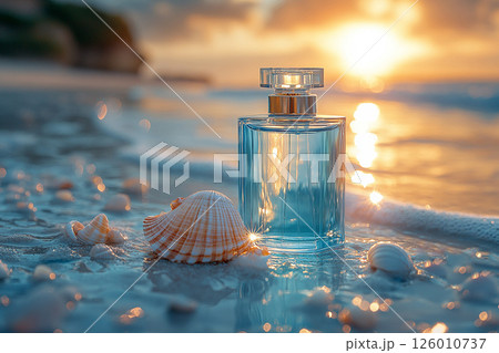 Modern perfume bottle adorned with water droplets and a subtle light reflection on summer beach background. 126010737