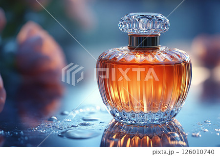Premium perfume bottle covered in dew drops. Luxury fragrance marketing, product photography and beauty blogs. 126010740