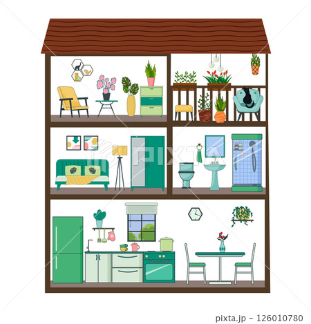 Dollhouse in section. Cottage with furnished rooms and veranda. Large dining room with kitchen furniture and dishes. Bedroom with bed and wardrobe. Bathroom with shower and toiletries. Recreation room Dollhouse in section. Cottage with furnished rooms and veranda. Large dining room with kitchen furniture and dishes. Bedroom with bed and wardrobe. Bathroom with shower and toiletries. Recreation room 126010780