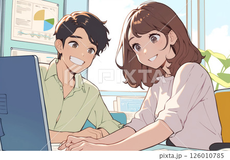 企業の業績を検討するビジネスパーソン男女_イラスト3 企業の業績を検討するビジネスパーソン男女_イラスト3 126010785